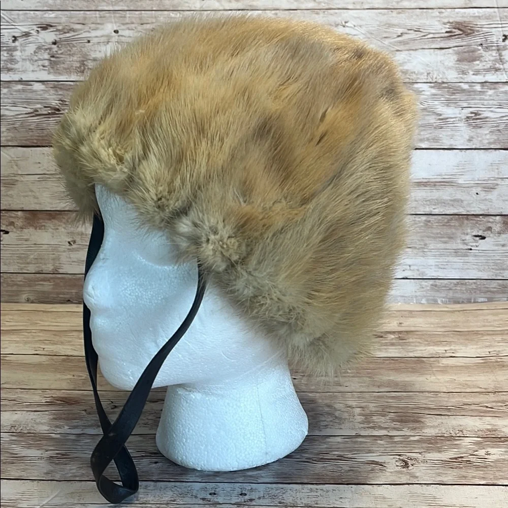 Vintage Blonde Mink Fur Hat with Brown Chin Strap